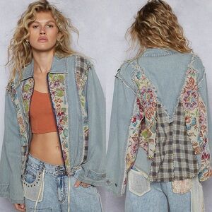NEW POL Patchwork Floral Denim Jacket Boho Cotton Plaid Size Small